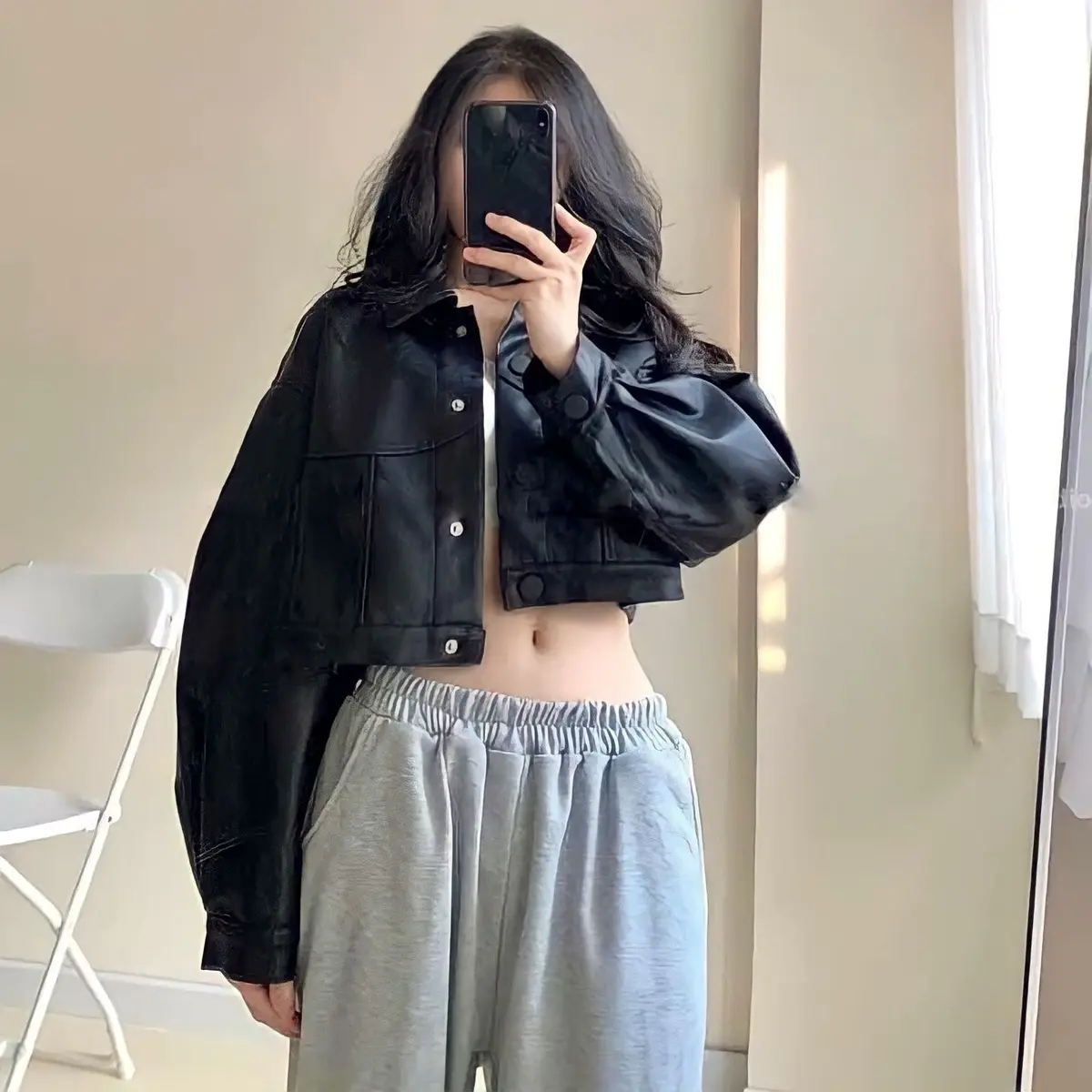 Áo Khoác Da Croptop Nữ Màu Đen ( Chất Da PU Hàng 1 lớp)