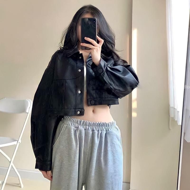 Áo Khoác Da Croptop Nữ Màu Đen Chất Da PU Hàng 1 lớp