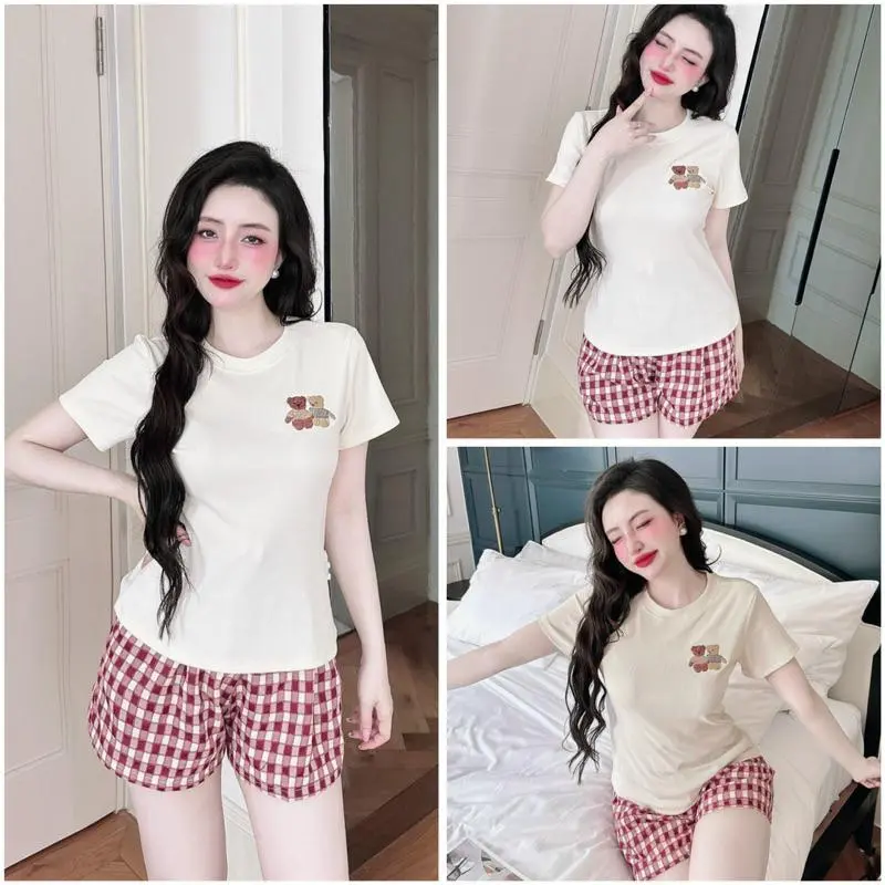 Đồ bộ pijama nữ mặc nhà SP_208 quần đùi caro bố áo tay ngắn chất thun tăm xịn đẹp