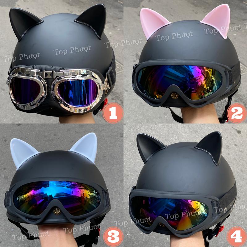 Nón bảo hiểm 1/2 tai mèo kèm kính Uv cute - Hàng cao cấp tặng kèm sticker Phụ Kiện dán mũ