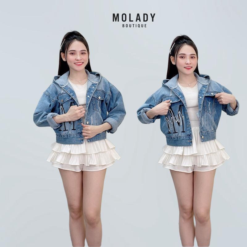 Áo Khoác Jean Nữ K02 Có Nón Túi Trong Phối Rách Sang Trọng By MOLADY Top Jacket Cotton
