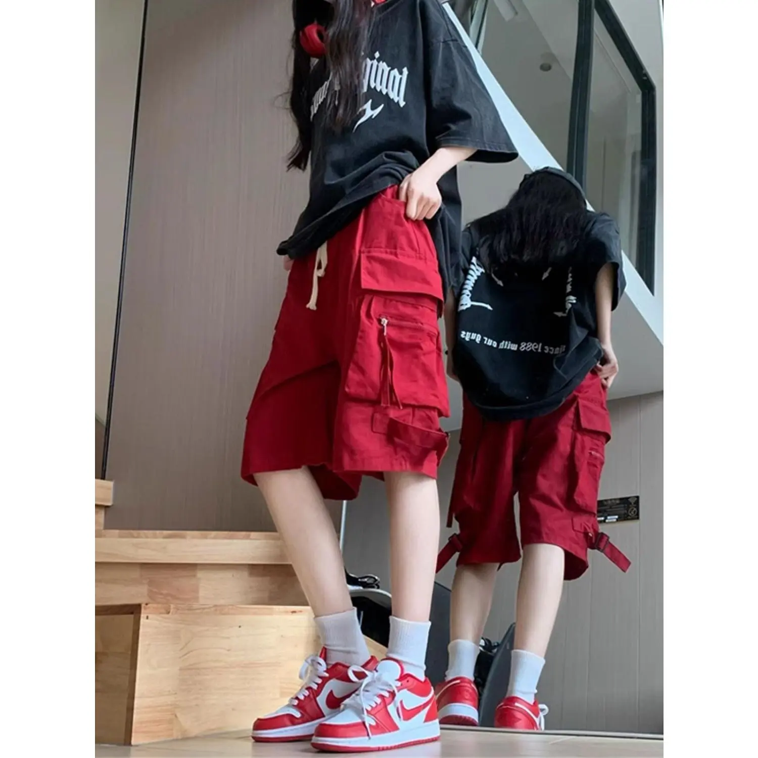 Quần Soóc Túi Hộp, Dành Cho Nữ, Phong Cách Đường Phố Cao Cấp Mỹ, Dáng Rộng Vừa Vặn, Thích Hợp Cho Mùa Hè, Cặp Đôi, Mỏng Và Thoải Mái, Thể Thao, Dễ Phối Đồ, Quần Nửa Ống Rộng Thẳng, Ngoại Cỡ
