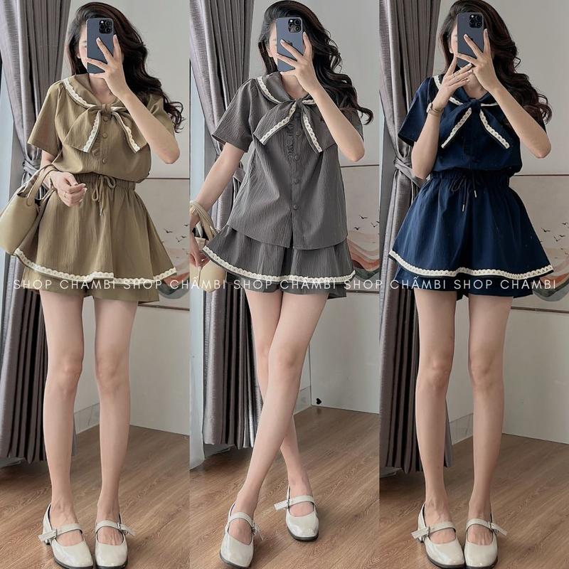 Set đồ nữ đi chơi S.198, Set áo cổ thủy thủ phối ren kèm quần váy có chun dây rút dễ thương basic - Shop Chấm Bi