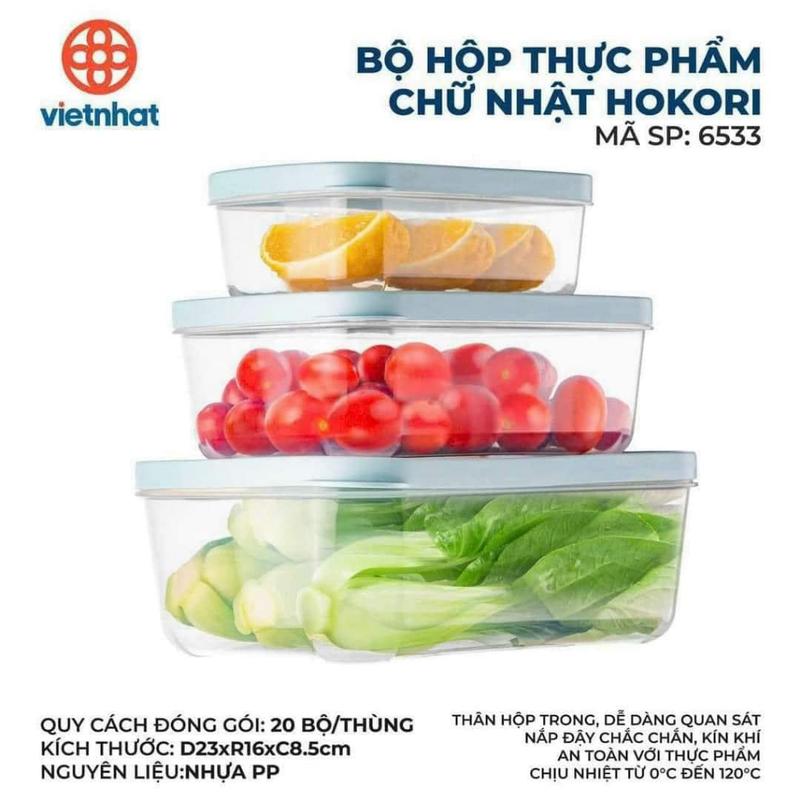Bộ 3 hộp đựng thực phẩm chữ nhật Hokori Việt Nhật - Nhựa PP an toàn
