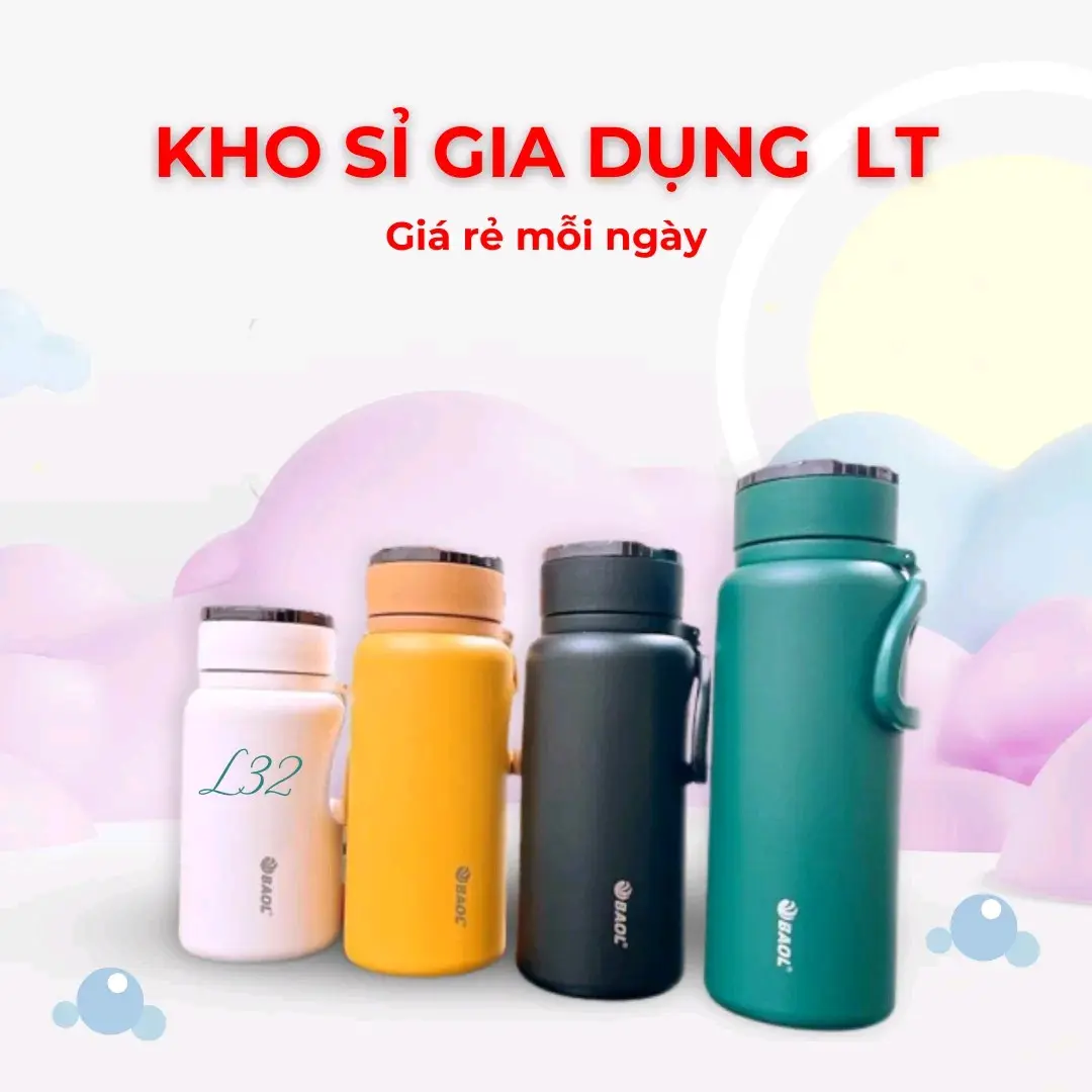(Tặng túi vải) Bình giữ nhiệt L49 có quai sách tiện lợi 1000ml, 1200ml, 1500ml (tặng kèm hình dán 2D)