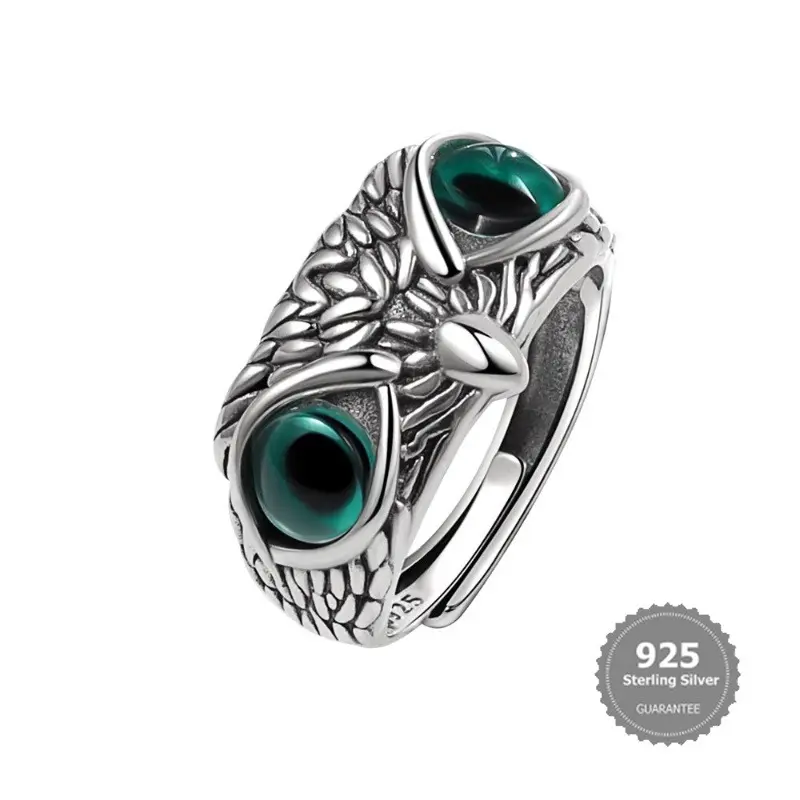 S925 Silver Vintage Devil's Eye Owl Ring Creative Exaggerating Animal Ornament