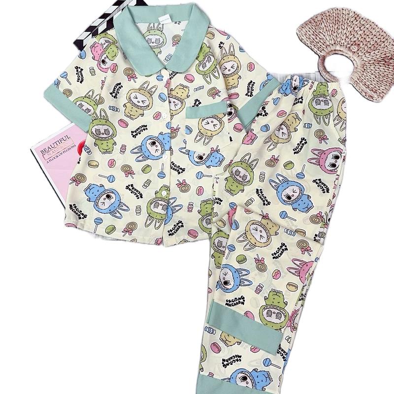 MÃ M48: 23-48 kg . Bộ quần dài tay ngắn cổ lá sen pijama sai đại cho bé gái chất liệu mango mềm mịn mát không nhăn Voi Women Kem Áo Hoa Sen Áo Hoa Sen Áo Hoa Sen đồ ngủ bé tiên