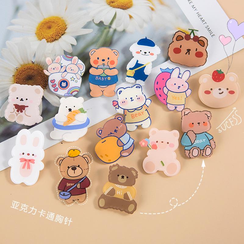 Product Introduction of INS Korean style cute acrylic brooch cartoon bear pin bag charm accessory for girls decorative patch 1