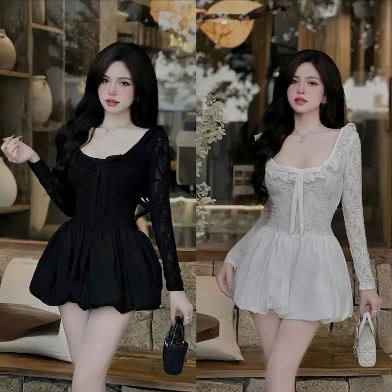 Đầm váy nữ ren phối tuyết mưa cổ bèo đính nơ dài tay from ngắn bí phồng [có lót] dễ thương cho các nàng diện đi chơi đi tiệc.