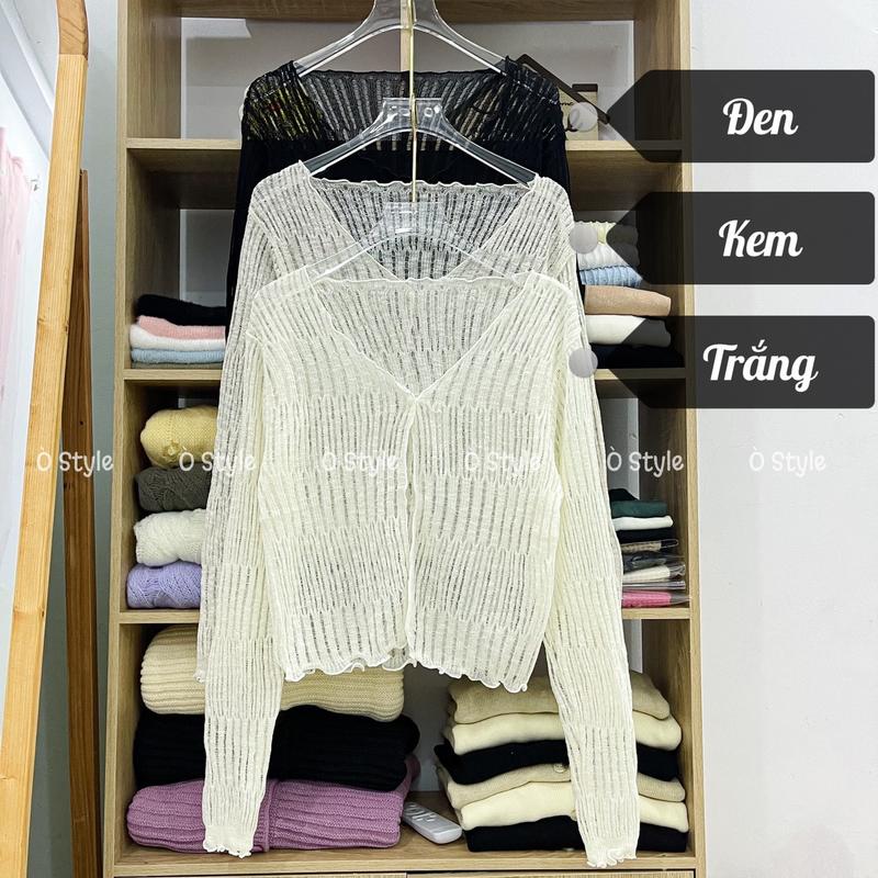 [AK018] Áo khoác cardigan mỏng dệt kim cổ tim một nút gài Nữ Top Áo Len Women Kem Đen Trắng