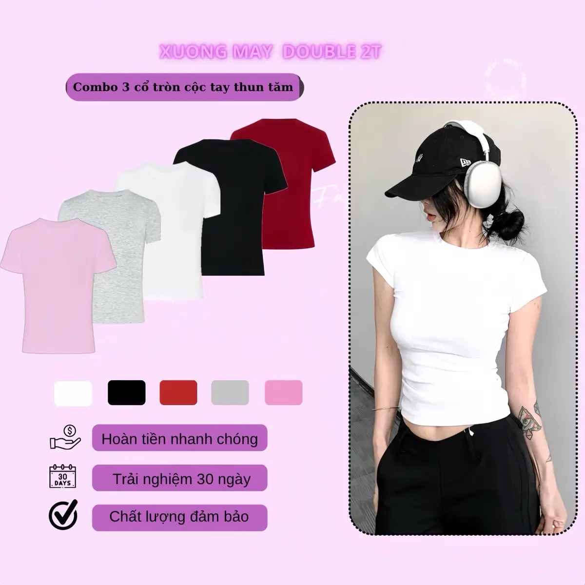 Combo 3 Áo Cổ Tròn BASIC Vải Tăm Lạnh Form Chiết Eo Hack Dáng Đủ 5 Màu Cho Nữ Chất Liệu Thun Gân Co Giãn