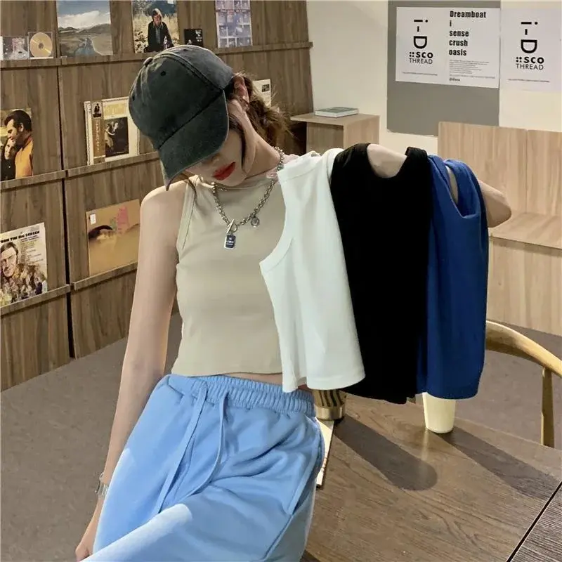 Áo Crop Top, Dành Cho Nữ, Áo Phông Cơ Bản Trơn Áo Vest, Dây Đeo Vai Rộng, Liền Mạch, Thời Trang Đường Phố, Dệt Kim Sườn, Không Tay, Áo Ba Lỗ Thường Ngày Quần Áo