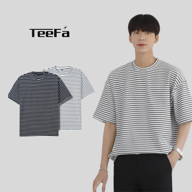  Áo thun TEEFA unisex họa tiết kẻ sọc Áo thun ngắn tay cổ tròn phong cách 2023 Top Menswear Cotton 
