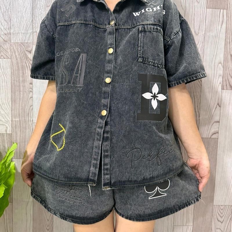 sét jeans đùi sơ mi cho nữ in chữ 4