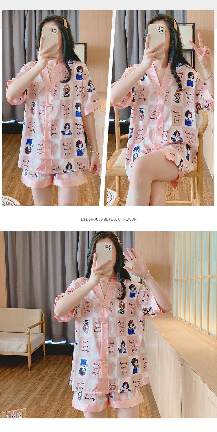 Product Introduction of Women's Pajamas 2022 New Summer Thin Ice Silk Cardigan Camellia Set Short Sleeve Cartoon Princess Style Loungewear 11