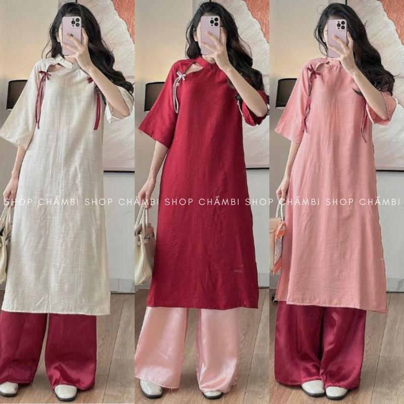 Set áo dài nữ S.216, Set áo dài cách tân cổ tàu tay lửng xẻ vai phối nơ dài cúc bọc dáng suông vintage - Shop Chấm Bi