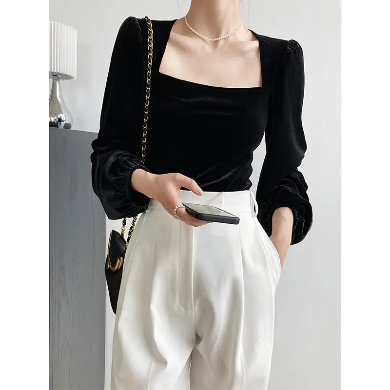 ONEFASHIONMALL SL033 Blouse Velvet Top Square Neck Long Sleeve Bluse Lengan Panjang Puff Atasan Baju Wanita 6