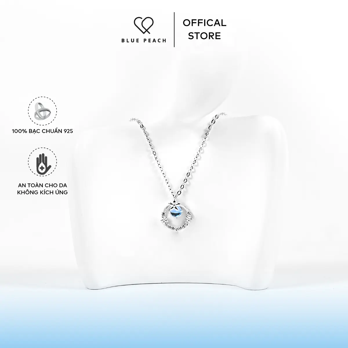 Dây Chuyền Bạc Blue Peach DC Vòng Tròn Hoa 5 Cánh - Moonstone DC802