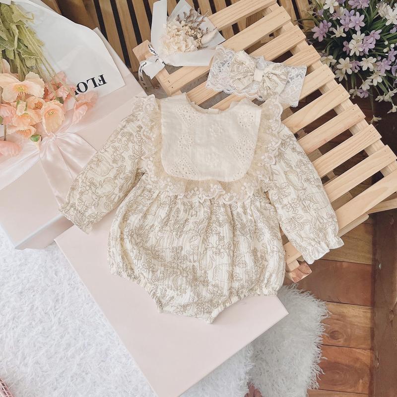 Áo + yếm+ turban Bodysuit Chip Chất Xô Muslin Cho Bé Gái Siêu Xinh Size 3-11 kg 0-1 Tuổi Sơ Sinh Đầy Tháng Thôi Nôi Jumpsuit Giày bososinh