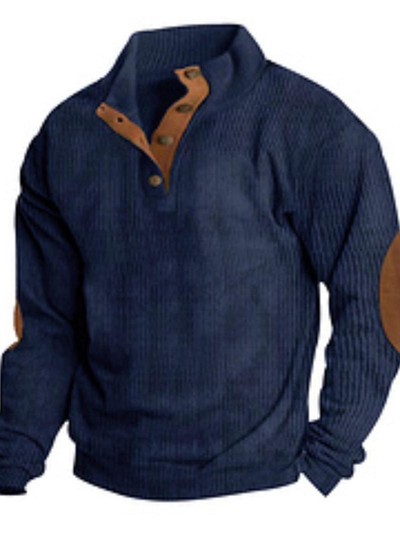 Product Introduction of Men's Regular Fit Patched Detail Stand Collar Sweatshirt, Casual Long Sleeve Pullover for Spring & Fall, Fashion Men's Top for Daily Wear 4