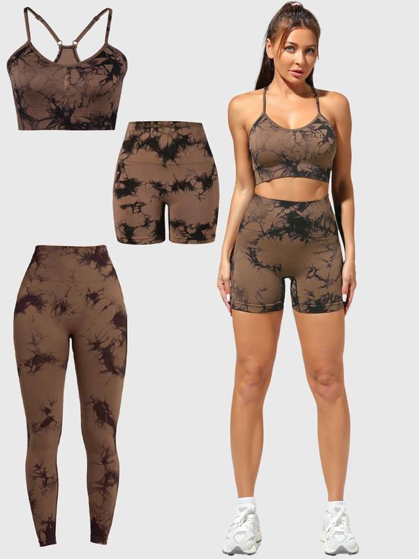 Three-piece Set Women's Tie Dye Print Tracksuit Set, Casual Sports Bra & High Waist Leggings & Biker Shorts, Ladies Sportswear for Yoga Gym Workout 5