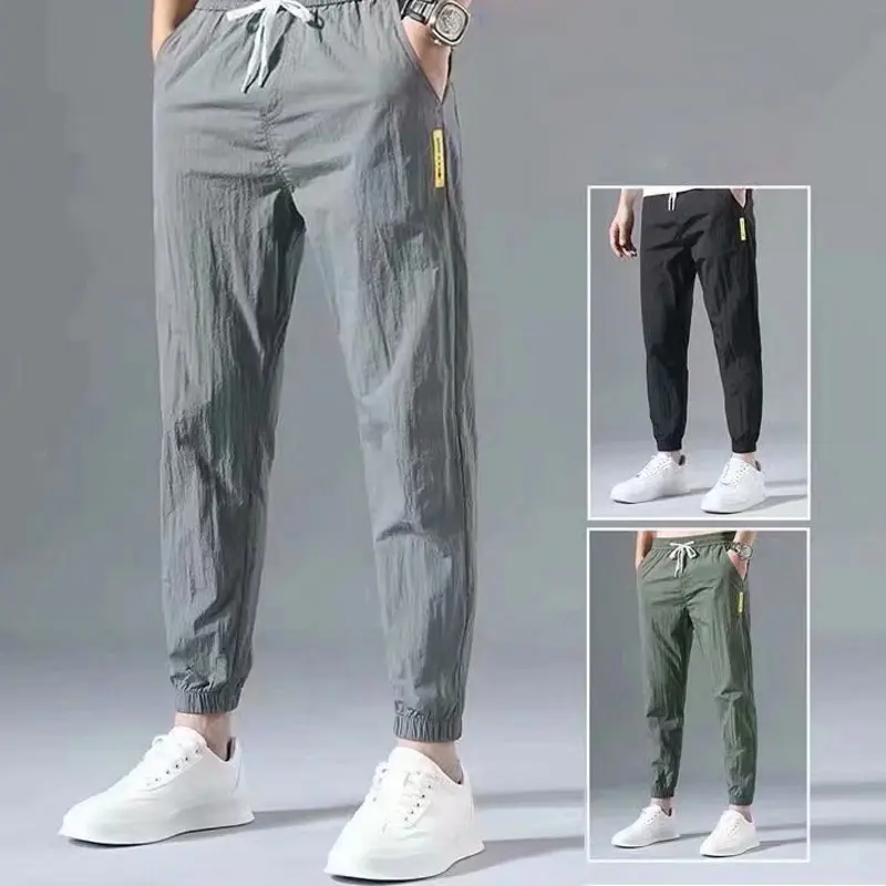 Quần Lụa Lạnh Quần Thường Ngày Nam Mỏng Hợp Xu hướng Dáng Rộng Rãi, Dễ Phối Đồ, Nhanh Khô, Phong Cách Harlan, Quần Cropped Buộc Dây Thích Hợp Cho Mùa Hè