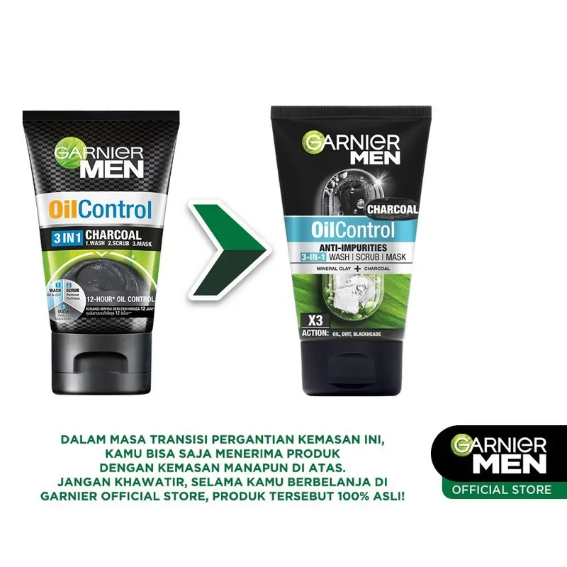 (PAKET HEMAT ISI 2) Garnier Men Oil Control 3 In 1 Charcoal Foam Skin Care - 100ml (Perawatan Kulit Wajah Berminyak) 1