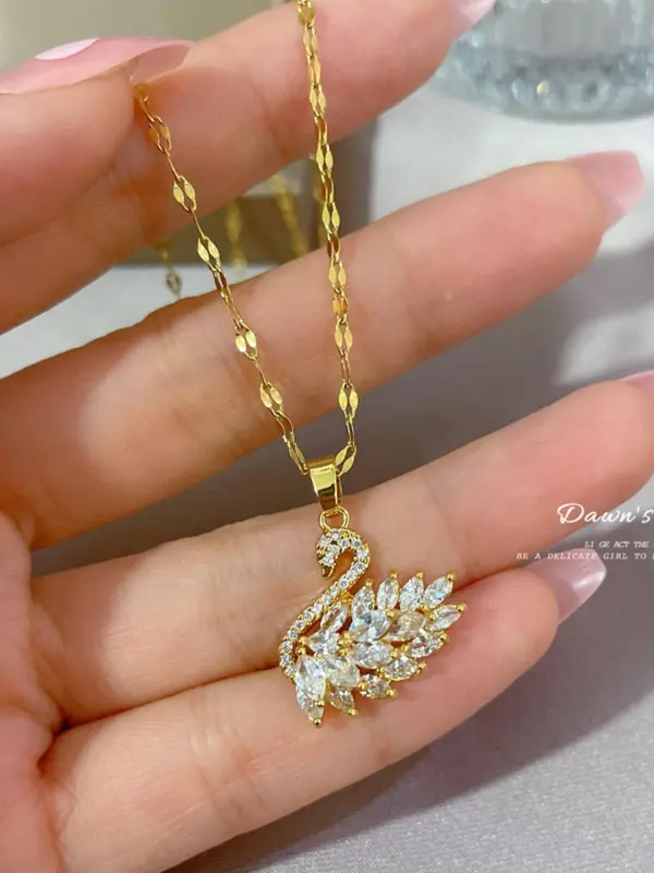 Elegant Rhinestone Decorated Swan Shaped Pendant Necklace, Exquisite Luxury Matching Necklace, Iced out Jewelry As Women for Gift, Stainless Steel Cute Japanese Accessories 2