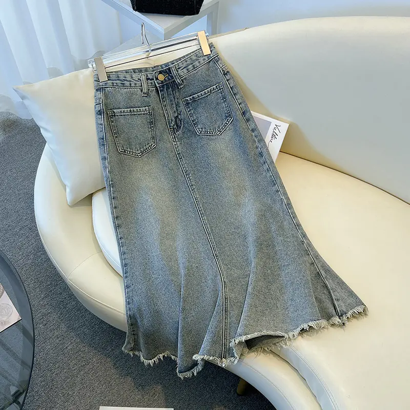Rok denim split gaya Korea rok a-line wanita berpinggang tinggi sedang untuk menutupi rok pinggul selangkangan