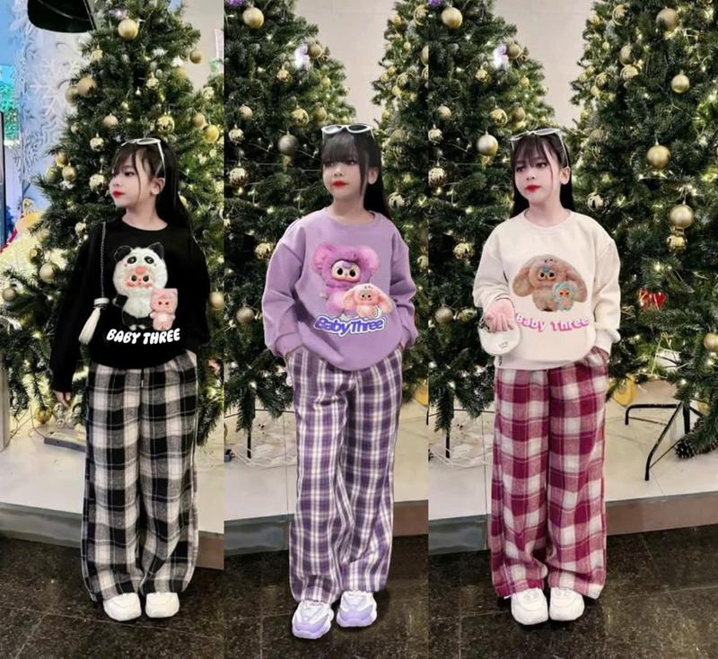 Bộ đồ thu đông NỈ 6 màu LABUBU BABYTHREE cho bé gái bé trai ấm áp (Hoạ tiết LABUBU THREE quân in 5 D ) từ 9-44kg mã 956