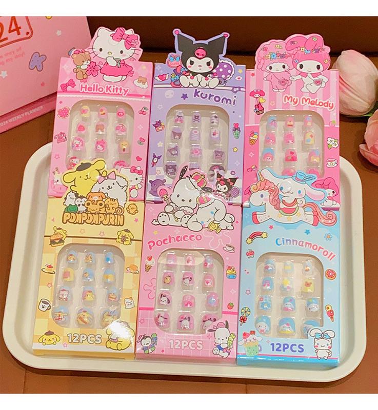Product Introduction of 12 Pieces/set of Sanrio Cartoon Children's Nail Stickers Kawaii Hello Kitty Kuromi Cinnamoroll Detachable Nails Exquisite Fashion Accessories Girl Gift 14