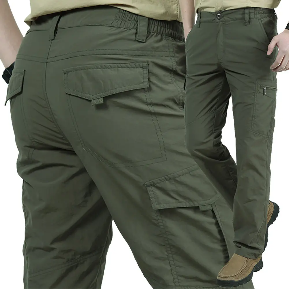 [Diannao]Men Solid Color Quick Dry Thin Multi-pocket Long Cargo Pants Outdoor Trousers