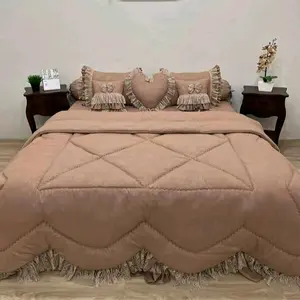 Bedcover set warna coklat tempahan + bantal sofa Kado Sarung Renda Busa