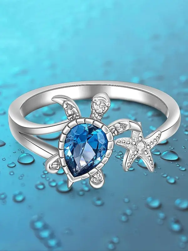 Sea Turtle & Starfish Design Rhinestone Decor Ring, Fashion Accessories for Women for Party, Daily Clothing Decor, Trendy All-match & Exquisite Jewelry for Birthday Gift 2