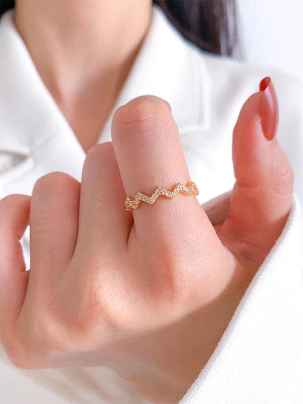 925 Sterling Silver Wave Shaped Artificial Zircon Decor Ring, Fashion Accessories for Women & Girls, Trendy All-match & Exquisite Jewelry for Birthday Gift 2