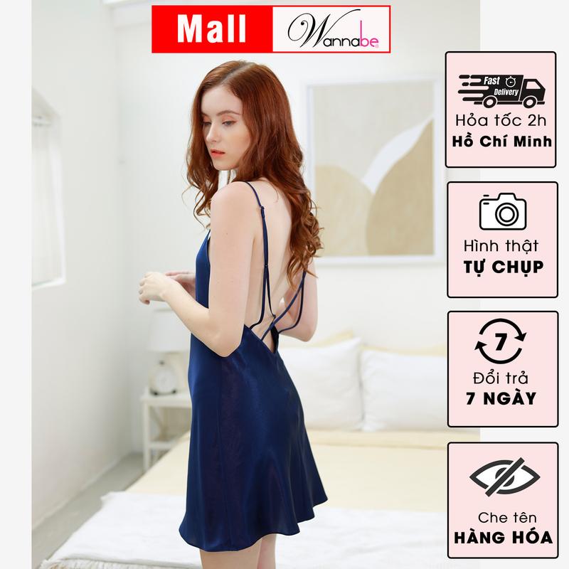 Đầm ngủ phi lụa cao cấp WANNABE kiểu đầm hai dây cut-out lưng quyến rũ gợi cảm Nữ Women Dress Váy Ngủ Đỏ DNS50
