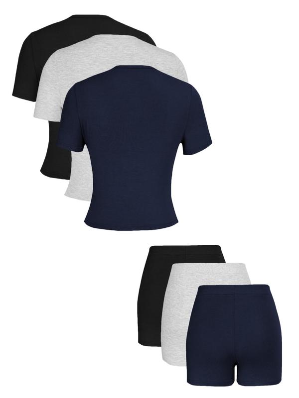 Women's Solid Color Top & Skinny Shorts Loungewear Set, Casual Comfy Short Sleeve Tee & Shorts Set, Ladies Sleepwear for All Seasons, Pajamas Set 6