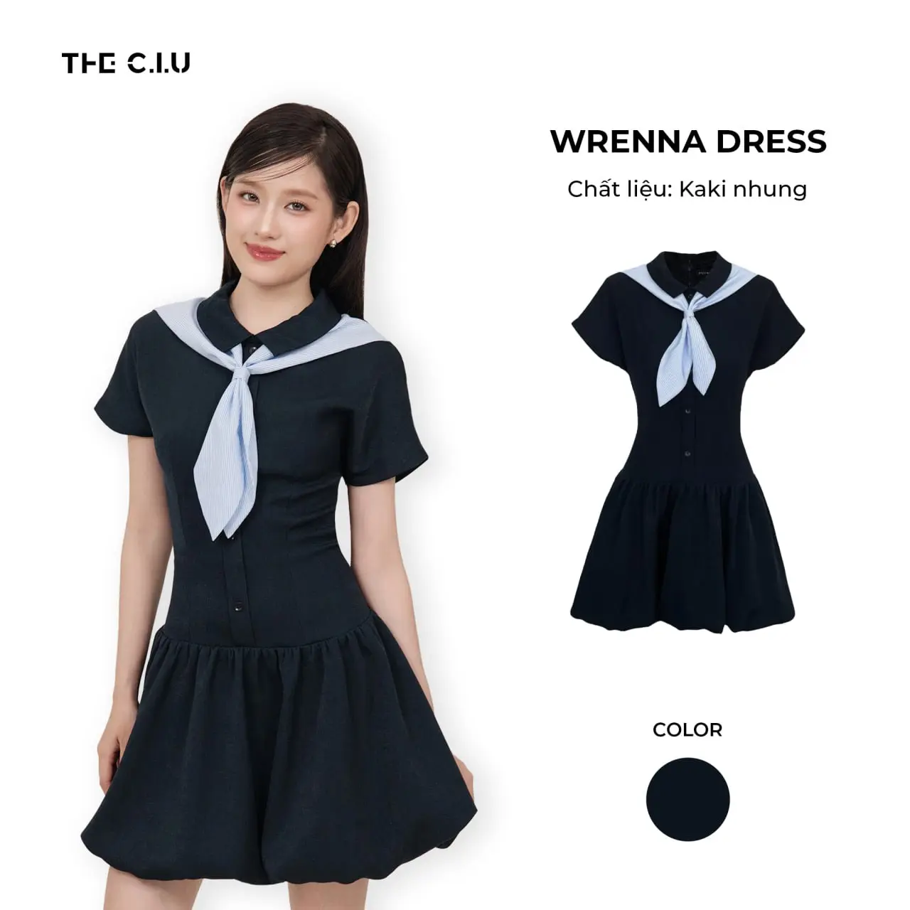 Đầm xòe cổ sơ mi tay ngắn kèm khăn choàng THE C.I.U -  Wrenna Dress - MN04