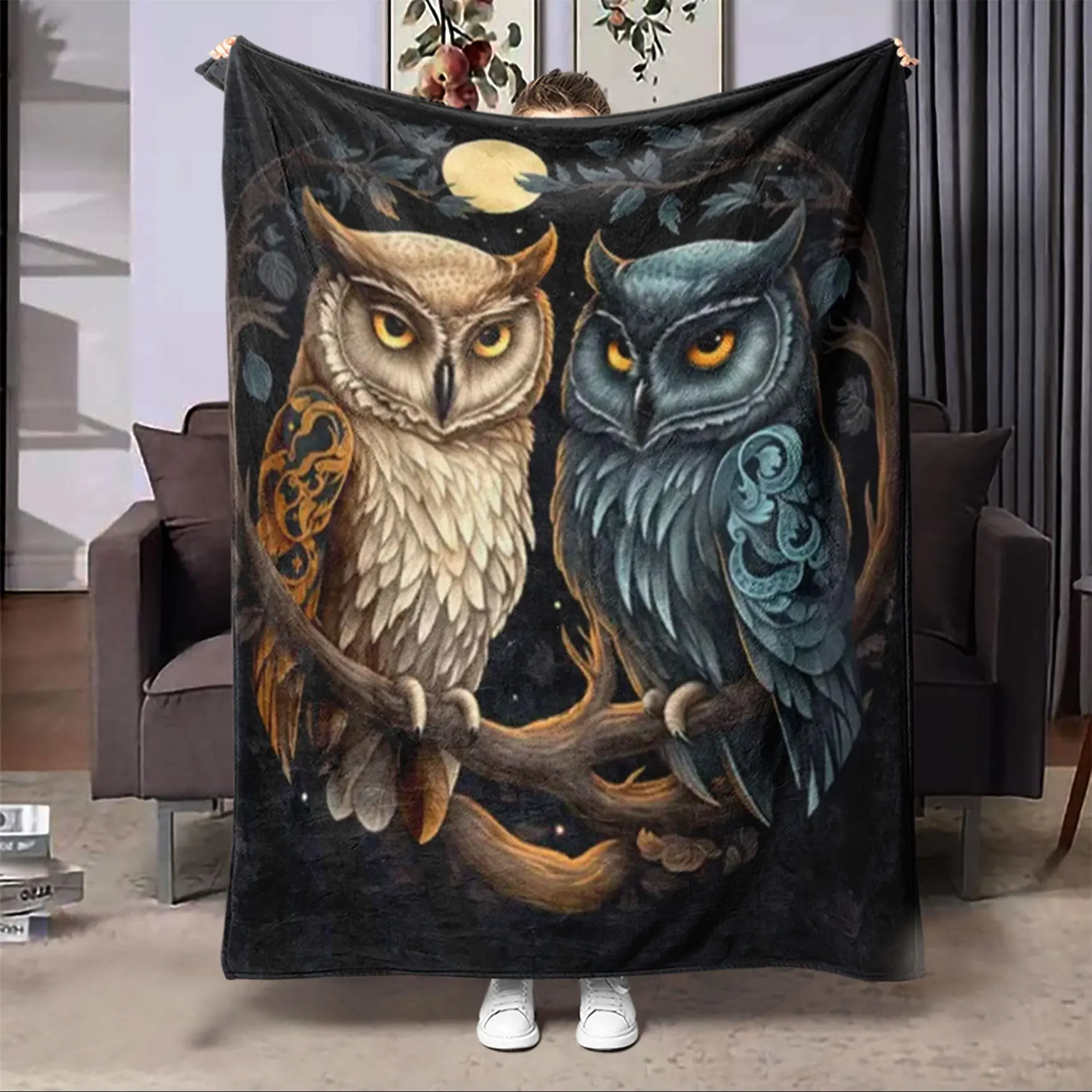 Owl Pattern Blanket, Soft Throw Blanket, Air Conditioning Blanket, Warm Nap Blanket for Home, Office, Travel, Camping, Gift for Friend