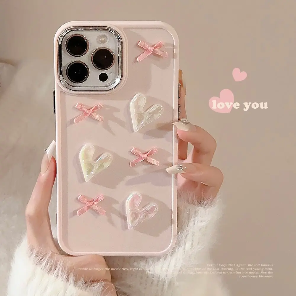 Pink Love Heart Bow Tie 14promax Phone Case Iphone15 Electroplating Stereo 11 for Apple 13 Female 16