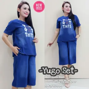 Yugo Set  Setelan Jeans  Oversize  Baju Wanita Lengan Pendek Model Terbaru atasan dengan Bawahan Dewasa Kulot
