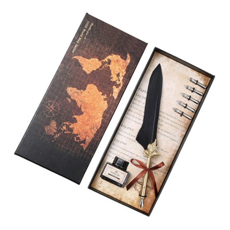 Pulpen Bulu Pena Fountain Kaligrafi Stainless Vintage Retro dengan Kotak Hadiah Ulang Tahun 4