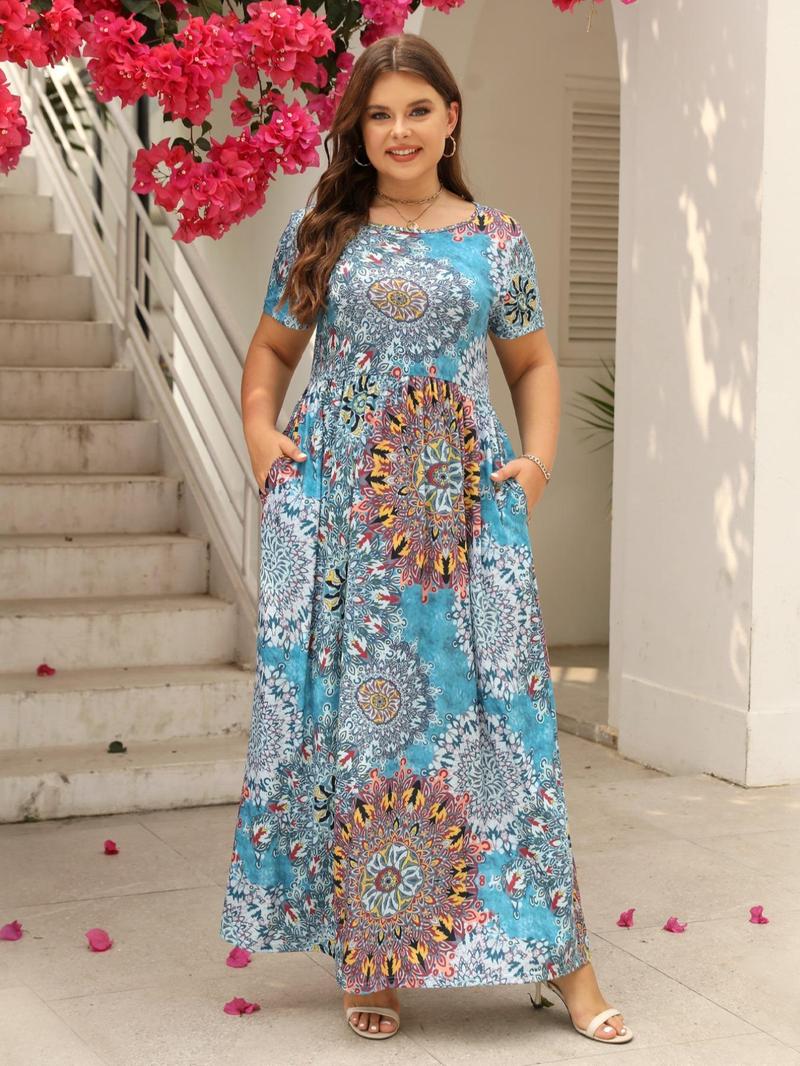 Product Introduction of Plus Size Ethnic Pattern Pocket Round Neck A Line Dress, Summer Clothes Women, Dresses Summer, Boho Short Sleeve High Waist Long Dress for Beach Holiday Vacation, Women's Clothes for Summer 20