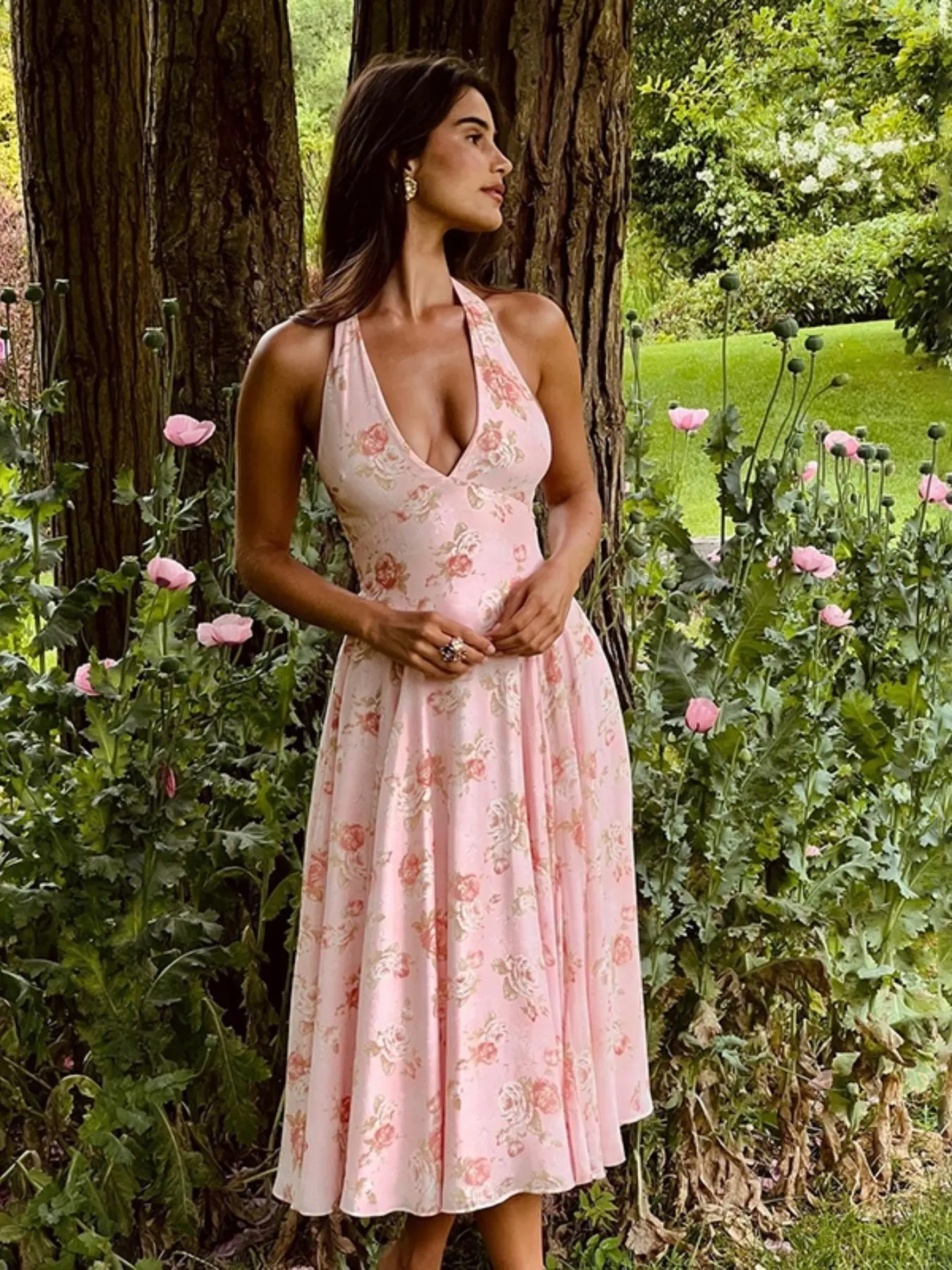 Women's Floral Print Halter Tank Dress, Elegant Sleeveless A Line Dress for Holiday Vacation Daily Wear, Ladies Clothes for Summer, Womenswear