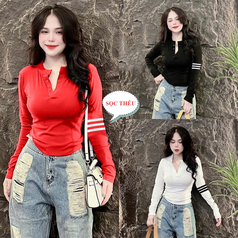 Áo Thun Nữ Ôm Body Tay Dài Mã B91 35~55kg Kiểu THÊU Sọc Tay Form Gọn Tôn Dáng Chất Thun Cotton Mềm TD Hottrend Top Cổ Trụ Women Màu Đỏ xám Voi áonuxinh