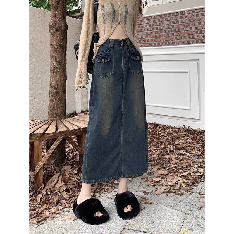 Chân Váy Jean Dài Xẻ Tà Sau Lưng Dáng Chữ A, Chân Váy Bò Túi Gập Cạp Cao không kèm đai thắt lưng