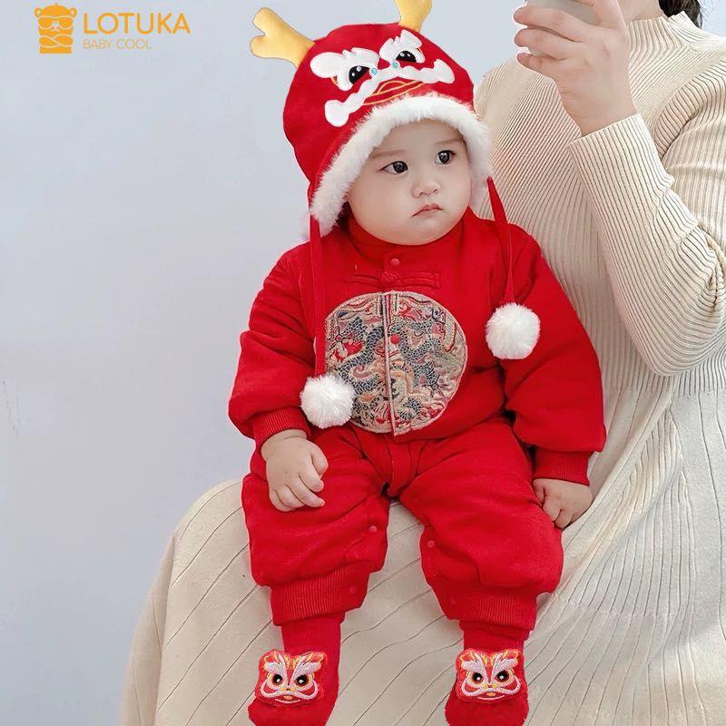 Bộ Đồ Liền Thân Tết Đỏ Thêu Rồng Nỉ Bông Ấm Áp Cho Bé, Bodysuit LOTUKA Bé Trai Bé Gái, Quần Áo Trẻ Em Thu Đông 3-12kg