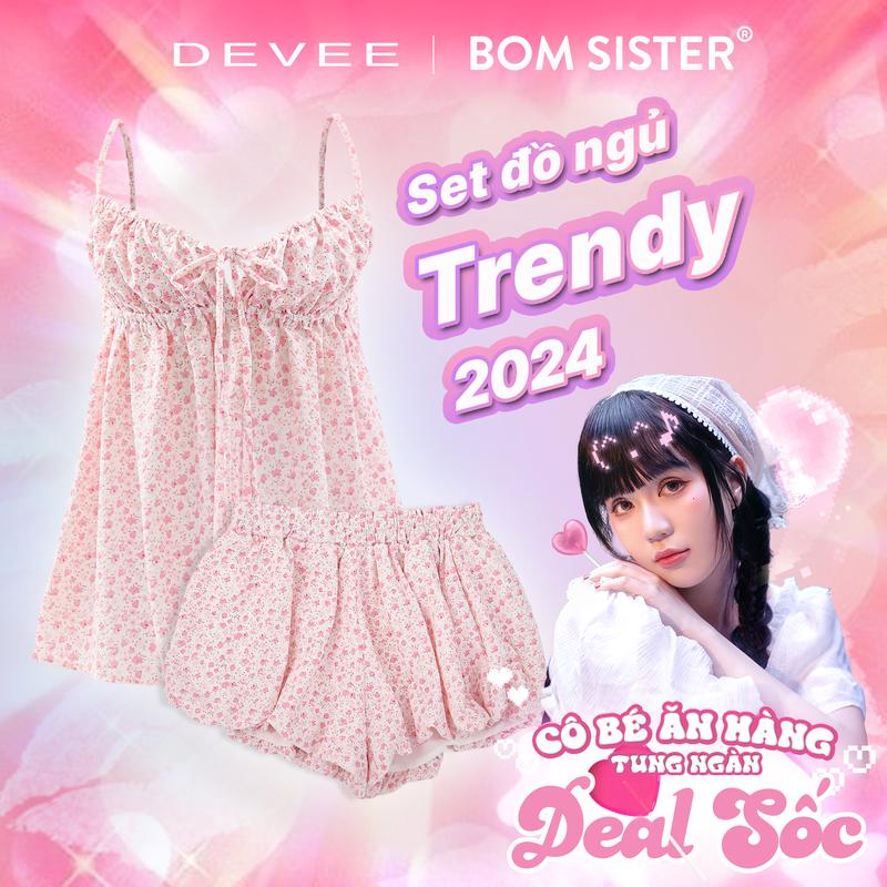 BOM Sister x Ngọc Trinh - Set đồ ngủ nữ trendy 2024 quần bí, vải thoát nhiệt nhanh, công nghệ chống nhăn - không cần ủi, họa tiết hoa mùa hè màu nữ tính, độ co giãn từ 40kg-60kg MN2005