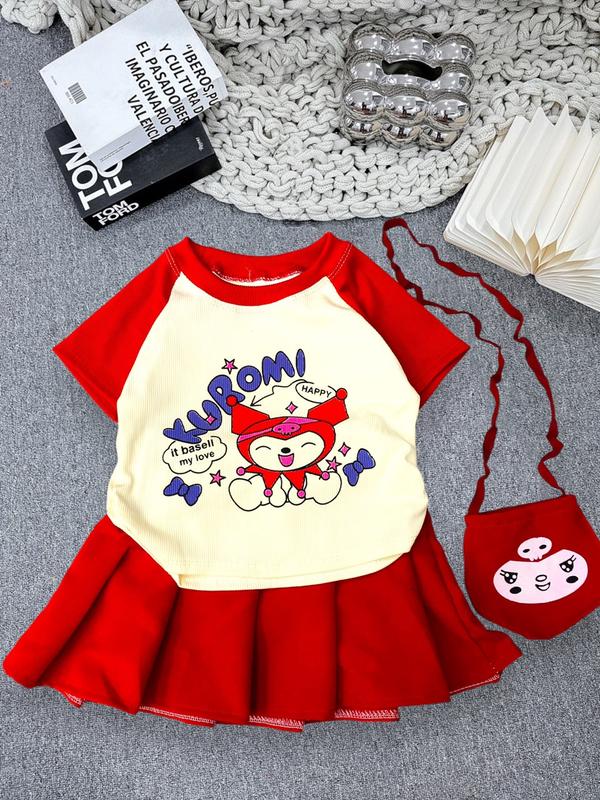 [8-22kg] Set áo vải gân tăm in hình + Váy (có lót) vải Cotton lạnh kèm túi đeo cho bé gái mặc đi học, đi chơi (TT004, TT027, TT140) 2