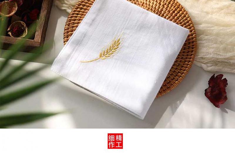 Product Introduction of New Pure Cotton Ancient Style Handkerchief for Men and Women Couples Double Layer Sweat Towel Embroidered Wheat Spike Gift with Embroidered Words 1